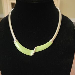 Vintage 80's Silver Toned & Green Enameled Collar Necklace